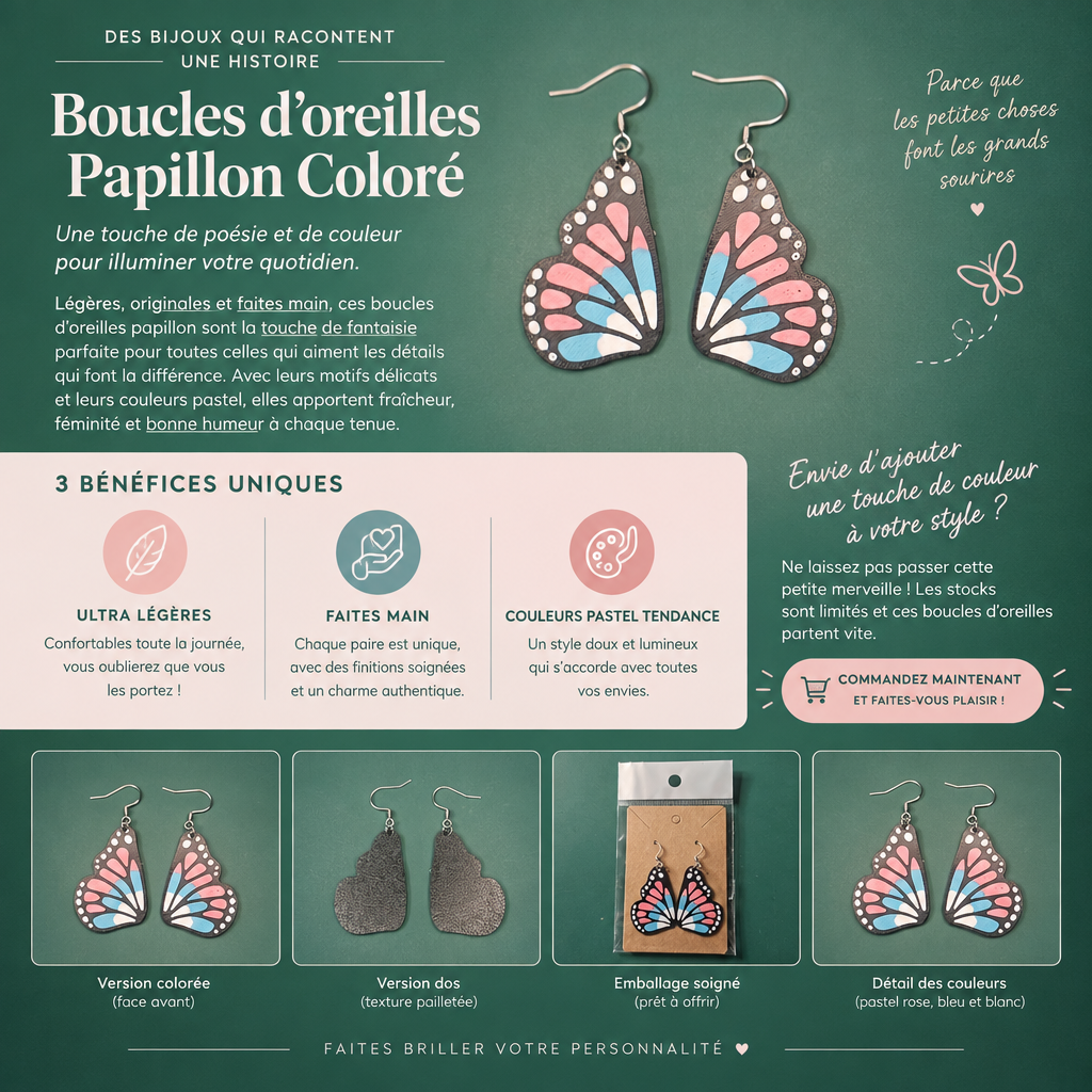 Boucle d'oreilles 3D : Papillon coloré