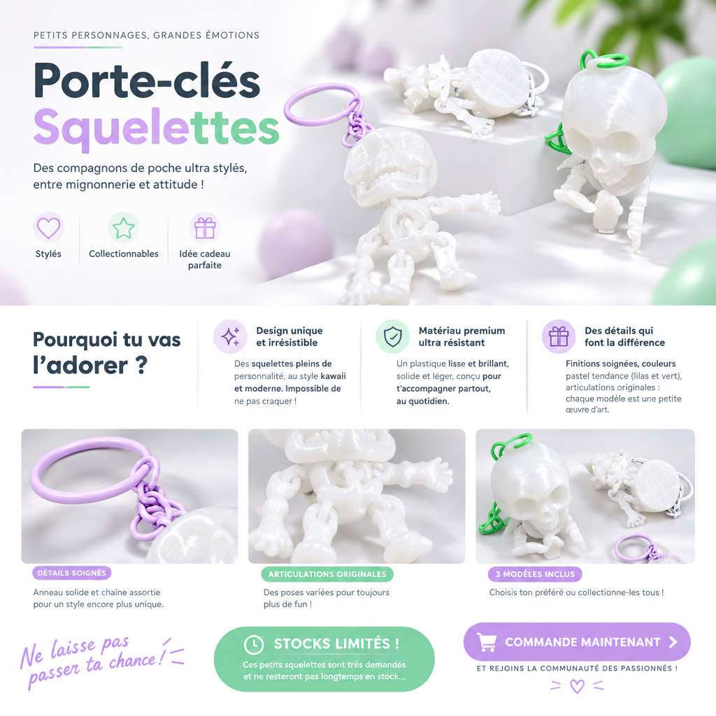Porte clé 3D : Squelette phosphorescent (FLEXI)
